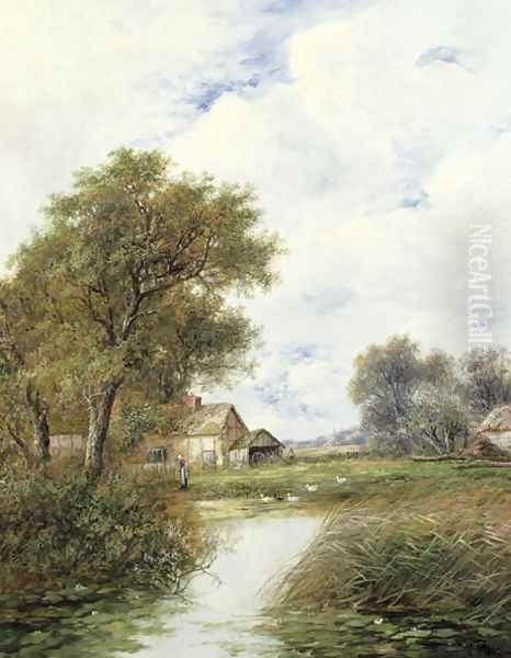 Pond with Ducks and Farmhouse Beyond - view 1