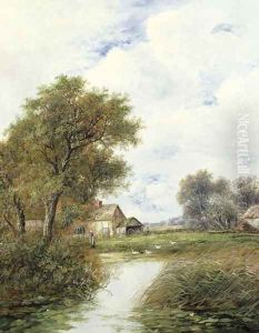 Pond with Ducks and Farmhouse Beyond