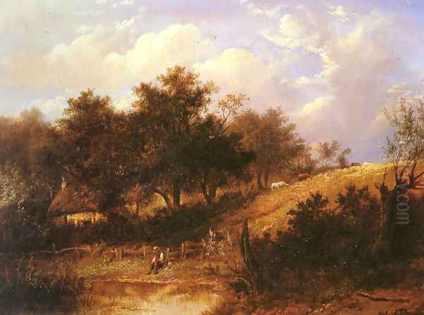 Landscape with figure resting beside a pond - view 1