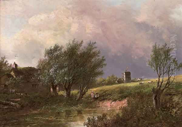 Figures and cottage beside a pool, a windmill beyond - view 1