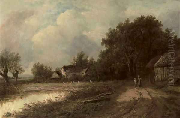 Figures on a track by a duckpond - view 1