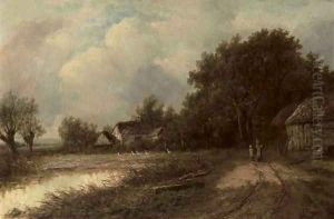Figures on a track by a duckpond