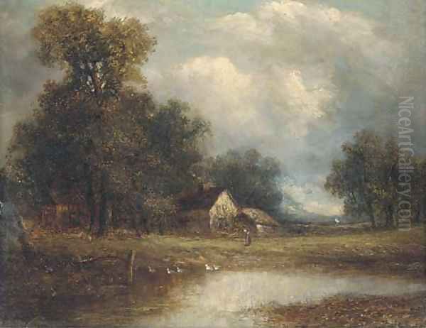 Figure and cottage by a pond - view 1