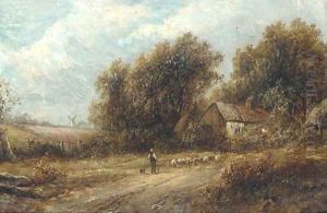 Shepherd and his flock on a track; and Figures at work by a cottage