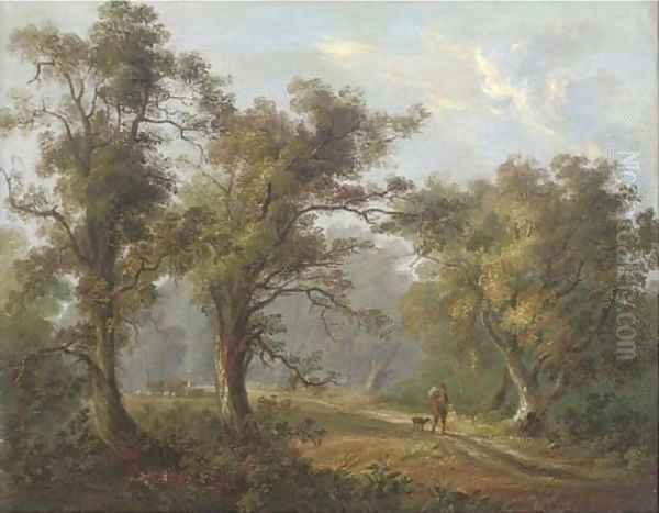 A man and his dog on a wooded path - view 1