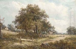 A shepherd and his flock in a wooded landscape, near Leamington