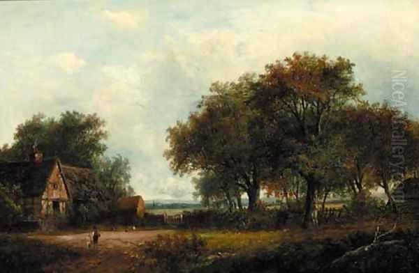 Figures by a cottage in a wooded landscape - view 1