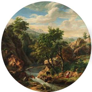 A philosopher and a bear in a mountainous river landscape