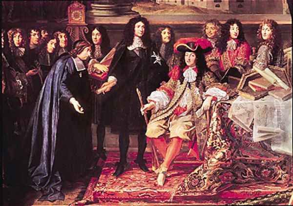 Jean-Baptiste Colbert 1619-83 Presenting the Members of the Royal Academy of Science to Louis XIV 1638-1715 detail of the central part, c.1667 - view 1