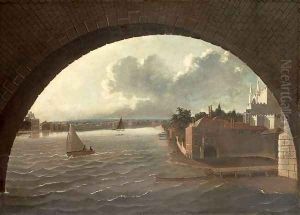 The Thames at Westminster seen through the arch of a bridge The Thames at Westminster seen through the arch of a bridge