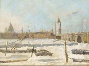 Old London Bridge with the Thames partially frozen Old London Bridge with the Thames partially frozen