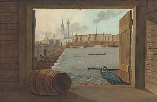 Trading brigs on the Thames before old London Bridge with the Monument beyond - view 1