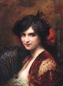 Portrait of a Spanish Lady, bust-length, wearing a red jacket with gold brocade, holding a fan by Adrien Henri Tanoux