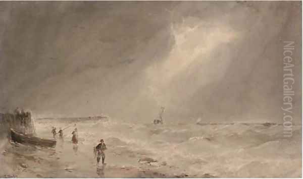 Fishermen on the beach, a swell brewing offshore - view 1