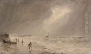 Fishermen on the beach, a swell brewing offshore
