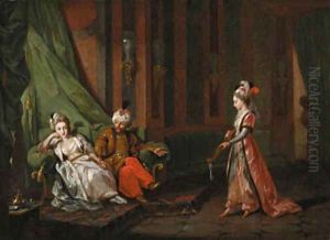 Harem court scenes A woman playing a citar by Hugues Taraval