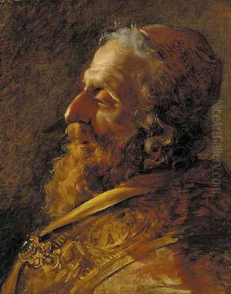 Study for the head of a Rabbi, bust-length, in profile, in a red robe with a jewelled clasp - view 1