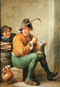 A Peasant holding a Stoneware Jug and a Clay Pipe by David III Teniers