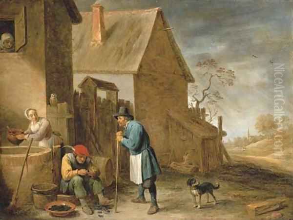 A peasant eating mussels at a farm, with a woman at a well and a man with his dog, a landscape with a church beyond - view 1