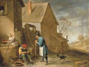 A peasant eating mussels at a farm, with a woman at a well and a man with his dog, a landscape with a church beyond by David III Teniers