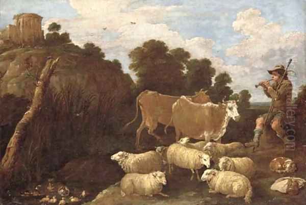 A river landscape with a herdsman playing a pipe with classical ruins on a hilltop beyond - view 1