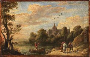 A landscape with peasants by a landing stage and a man in a boat, a church beyond by David III Teniers