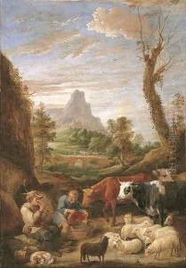 A pastoral landscape with a shepherd playing a pipe with cattle and sheep