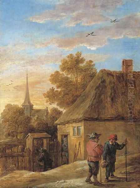 Peasants conversing by a house with a church beyond - view 1