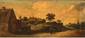 Peasants talking on a path, a washerwoman before a house, a church beyond by David III Teniers
