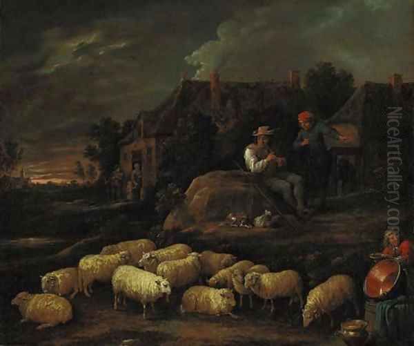 Shepherds with their flock by a village - view 1