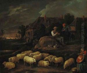 Shepherds with their flock by a village by David III Teniers
