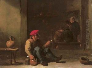 A boor holding a pipe and jug seated in an interior with other peasants conversing in the background by David III Teniers
