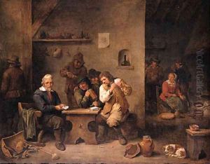 A boor showing his cards to his opponent with onlookers in a tavern, a maid frying pancakes beyond by David III Teniers