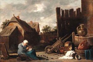 A cat tended by an old woman being teased by rats in a farmyard by David III Teniers
