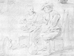 A couple eating in an interior, a wine barrel at the left by David III Teniers