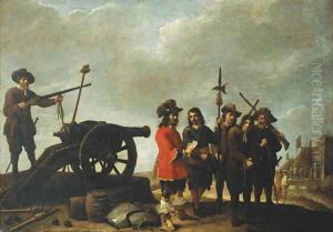 A prisoner brought before an officer, a fortress beyond by David III Teniers