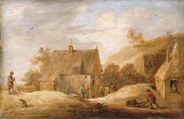A village landscape with peasants outside a cottage and a traveller on a path - view 1