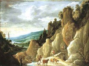 An extensive landscape with a herdsman and cattle and travellers crossing a bridge An extensive landscape with a herdsman and cattle and travellers crossing a bridge