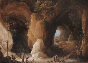 Hermits at a grotto with travellers by David III Teniers