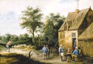 Peasants drinking before a roadside inn in a wooded landscape, with a shepherd and his flock nearby