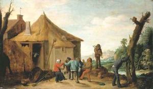 Peasants merrymaking by a cottage, a river beyond by David III Teniers
