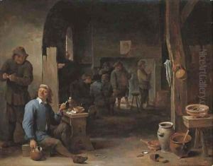 The interior of an inn with peasants smoking by a table and conversing before a fire by David III Teniers