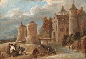 A landscape with fishermen before a castle with a drawbridge
