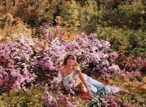 Algerian beauty in a lilac field by Leon Louis Antoine Tanzi