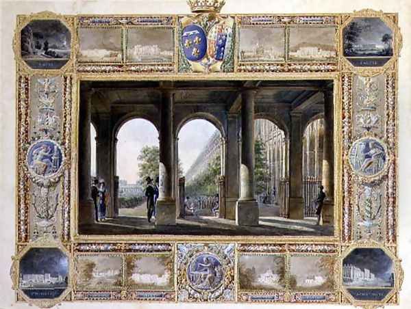 The Palais Royal, Paris, surrounded by vignettes of the childhood residences of Charles Ferdinand, the Duke de Berry 1778-1820 and his wife Maria Caroline of Bourbon - view 1