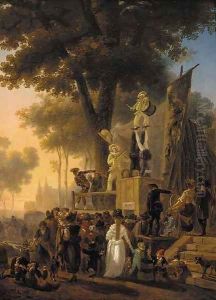 A park in Paris with a crowd watching a performance of the Commedia dell'arte, a view of the Conciergerie beyond