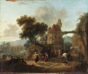 Villagers dancing by a gatehouse, an aqueduct beyond Villagers dancing by a gatehouse, an aqueduct beyond
