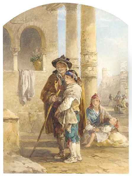 A peasant family resting in a portico in a Continental landscape - view 1