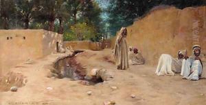 Figures resting in a dusty street by Charles James Theriat