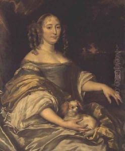 Portrait of a young lady in blue dress with lapdog by Abraham van den Tempel